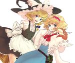  alice_margatroid blonde_hair blue_eyes book braid doll gloves grimoire grimoire_of_alice hairband hat kirisame_marisa long_sleeves multiple_girls open_mouth outstretched_arm pointing short_hair side_braid simple_background smile sugi touhou white_background white_gloves 