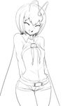  antennae arms_behind_back belt breasts cape closed_eyes greyscale happy lineart monochrome short_hair short_shorts shorts smile solo space_jin thigh_gap touhou wriggle_nightbug 