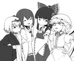  akai_ito bat_wings bow breasts closed_eyes crossover detached_sleeves eye_contact frown greyscale hair_bow hair_tubes hakurei_reimu hands_on_hips hat hatou_kei looking_at_another mob_cap monochrome multiple_girls neckerchief nozomi_(akai_ito) open_mouth remilia_scarlet ribbon-trimmed_sleeves ribbon_trim sharp_teeth short_hair short_sleeves space_jin sweatdrop teeth touhou wings 