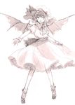  bat_wings hat highres monochrome open_mouth outstretched_arm outstretched_hand remilia_scarlet short_hair simple_background skirt_hold smile solo sugi touhou white_background wings 