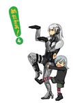  1boy 1girl bad_id bad_pixiv_id blue_eyes boots cyborg katagiri_hachigou metal_gear_(series) metal_gear_solid_4 parody pose raiden shorts striped striped_legwear sunny_gurlukovich sweater white_hair yotsubato! yotsubato!_pose 