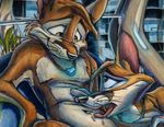  anthro belly_lick belly_rub black_nose canine couple duo eye_contact fox foxer421 fur green_eyes licking male mammal necklace nude open_mouth orange_fur plant sitting smile tongue topless whiskers white_fur 
