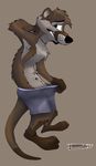  arms_behind_head black_nose brown_fur embarrassed foxer421 fur green_eyes grey_background leg_band male mammal mustelid navel necklace otter plain_background shy solo standing teeth topless underwear 