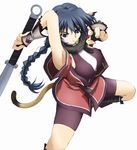  1girl animal_ears arm_up armpits artist_request bare_shoulders bike_shorts blue_eyes blue_hair braid chains collar dog_ears female fighting_stance fingerless_gloves footwear from_above gauntlets gloves japanese_clothes karura_(utawareru_mono) legs long_hair parted_lips shirt shorts simple_background solo stance sword tail utawareru_mono weapon white_background 