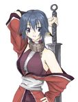  1girl :d animal_ears arm_behind_head bare_shoulders blue_eyes blue_hair braid collar dog_ears female hand_on_hip holding japanese_clothes karura_(utawareru_mono) long_hair looking_at_viewer open_mouth sash simple_background smile solo sword utawareru_mono weapon white_background 