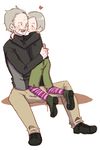  1girl blush cheek_kiss facial_hair grey_hair hug kiss metal_gear_(series) metal_gear_solid_4 mustache old_man old_snake short_hair shorts silver_hair solid_snake striped striped_legwear sunny_gurlukovich sweater yukinoshita_(kinoue_nyny) 