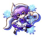  apron blue_eyes breasts brooch chibi hat jewelry kiki_fushigi letty_whiterock long_sleeves looking_at_viewer open_hand outstretched_arm purple_hair shadow shawl short_hair simple_background smile snowflakes solo touhou vest waist_apron white_background 