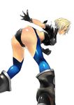  angel_(kof) ass bent_over blue_eyes body_blush boots breasts chaps cropped_jacket fingerless_gloves gloves hair_over_one_eye large_breasts looking_back midriff panties short_hair solo the_king_of_fighters underwear unizama white_hair 