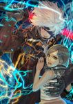  1girl bad_id bad_pixiv_id bangs brown_eyes clothes_around_waist cyborg ear_protection eyepatch glowing glowing_sword glowing_weapon hair_ornament jumpsuit long_hair metal_gear_(series) metal_gear_rising:_revengeance otuwho parted_bangs protecting raiden red_eyes silver_hair sunny_gurlukovich sword tank_top weapon white_hair 