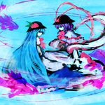  blue_hair bow chagu food fruit hat hinanawi_tenshi long_hair multiple_girls nagae_iku peach purple_hair touhou very_long_hair 