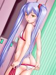  ^jj^ ass bikini blue_hair breasts butt_crack curtains from_behind hair_ornament highres hoshino_ruri kidou_senkan_nadesico long_hair looking_back petite ribs skindentation small_breasts solo swimsuit twintails undressing yellow_eyes 