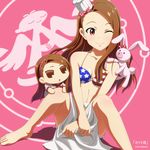  america american_flag_bikini barefoot bikini bikini_top brown_eyes brown_hair bunny chibi cosplay flag_print hairband hat idolmaster idolmaster_(classic) io_(puchimasu!) kouchou kugimiya_rie minase_iori monica_adenauer monica_adenauer_(cosplay) one_eye_closed pink_background puchimasu! red_eyes ribbon seiyuu_connection short_shorts shorts sitting stuffed_animal stuffed_bunny stuffed_toy swimsuit yakitate!!_japan 