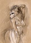  anthro bipedal bracelet breasts canine dress female front_view hand_behind_head jewelry looking_at_viewer mammal mixed_media monochrome olmec pastel_(art) pencil_(art) pinup pose sepia sketch smile solo standing three-quarter_portrait three-quarter_view traditional_media wolf 
