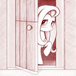  cute door equine female feral fluttershy_(mlp) friendship_is_magic hair horse innocent looking_at_viewer mammal monochrome my_little_pony one_leg_up peeking pony rainbow_(artist) solo traditional_media 