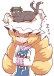  animal animal_on_head blonde_hair cat cat_on_head cat_tail chen chen_(cat) closed_eyes dress fox_tail hands_in_opposite_sleeves hat houroku long_sleeves looking_at_viewer multiple_tails nekomata on_head sleeping tabard tail touhou white_dress yakumo_ran zzz 