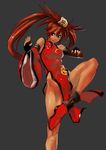  asymmetrical_clothes bare_shoulders breasts brown_eyes china_dress chinese_clothes detached_sleeves dress fighting_stance guilty_gear impossible_clothes kuradoberi_jam long_hair medium_breasts no_panties side_slit solo standing standing_on_one_leg tan unizama very_long_hair 