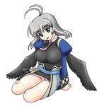  1girl :p ahoge antenna_hair arm_support blue_eyes breasts erect_nipples female highres kamyu kneehighs large_breasts long_sleeves looking_at_viewer sash seiza short_hair silver_hair simple_background sitting solo tongue tongue_out underwear utawareru_mono white_background wings 