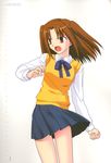  blue_skirt brown_hair highres melty_blood red_eyes scan school_uniform skirt solo takeuchi_takashi tsukihime yumizuka_satsuki 