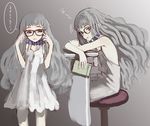  bare_shoulders book collar copyright_request dress freckles glasses honjou_raita long_hair multiple_girls naked_overalls overalls silver_hair stool 