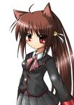  animal_ears bell bibi blush bow brown_hair cat_ears highres little_busters! long_hair natsume_rin pink_bow plaid plaid_skirt ponytail red_eyes ribbon school_uniform skirt solo 