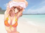  arms_up beach bikini bikini_top brown_hair copyright_request day long_hair nas-o non-web_source orange_eyes outdoors solo swimsuit undressing wallpaper 