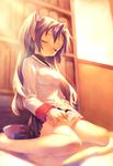  book clannad closed_eyes cushion hair_bobbles hair_ornament head_tilt hikarizaka_private_high_school_uniform ichinose_kotomi ldld2 light long_hair muted_color purple_hair school_uniform sitting sleeping sleeping_upright solo two_side_up wariza 