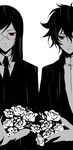  bad_id bad_pixiv_id brown_eyes flower formal glasses greyscale gundam gundam_00 monochrome multiple_boys necktie osamu_(jagabata) rain red_eyes setsuna_f_seiei spot_color tieria_erde 