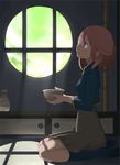  blue_eyes cup light_rays original pink_hair profile round_window seiza sitting skirt socks solo somber sunbeam sunlight takagi_(tansuke) tansuke window window_shade 