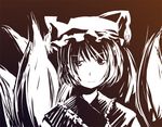  brown brown_background ff_gradient fox_tail frilled_hat frills gradient hat kusaba_(kusabashiki) looking_at_viewer monochrome multiple_tails pillow_hat short_hair simple_background solo tail tassel touhou upper_body white yakumo_ran 
