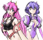  bare_shoulders barnette_orangello blue_eyes breasts cleavage dita_liebely hairband jewelry kure large_breasts long_hair midriff multiple_girls necklace pink_hair purple_hair purple_hairband short_hair tank_top vandread yellow_eyes 