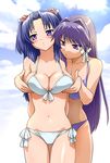  :&lt; arms_behind_back bikini blue_hair blush breast_envy breast_grab breast_lift breasts clannad cleavage day front-tie_top fujibayashi_kyou grabbing hair_bobbles hair_intakes hair_ornament ichinose_kotomi large_breasts long_hair looking_at_breasts looking_away lowleg lowleg_bikini medium_breasts multiple_girls navel purple_bikini purple_eyes purple_hair side-tie_bikini swimsuit two_side_up ueyama_michirou white_bikini yuri 