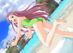  ass barefoot beach blush brown_eyes casual_one-piece_swimsuit day dutch_angle feet game_cg green_swimsuit kakizaki_misa long_hair mahou_sensei_negima! non-web_source one-piece_swimsuit pink_hair solo swimsuit 