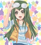  @_@ artist_request brown_eyes carly_nagisa coke-bottle_glasses glasses green_hair long_hair smile solo sparkle striped yuu-gi-ou yuu-gi-ou_5d's 