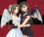  aerith_gainsborough akaza_shiro angel_and_devil angel_wings bat_wings black_hair blush bow breasts brown_eyes brown_hair dress final_fantasy final_fantasy_vii gloves leather long_hair medium_breasts multiple_girls ponytail red_eyes tifa_lockhart white_dress wings 