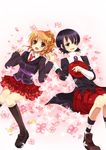  1girl bad_id bad_pixiv_id black_eyes black_hair blazer blonde_hair blush brown_eyes flower frills hat hinase_haruka holding_hands jacket kanon_(umineko) kneehighs long_hair lying miniskirt necktie open_mouth pleated_skirt ponytail shoes short_hair skirt smile socks umineko_no_naku_koro_ni ushiromiya_jessica 