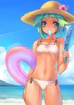  beach bikini blue_eyes cloud condensation_trail cowboy_shot day flower food green_hair hat hibiscus innertube monk_(syugyousou) mouth_hold multi-strapped_bikini original outdoors popsicle short_hair sky solo straw_hat sun_hat swimsuit water_gun white_bikini 