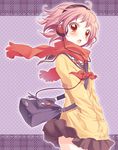  bad_id bad_pixiv_id badge bag brown_hair collaboration headphones komi_zumiko namori orange_eyes original red_eyes red_scarf scarf school_bag school_uniform short_hair solo wind 