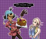  1girl asato_(artist) blonde_hair cake ellen_(folkssoul) english folkssoul food fruit gloves glowing glowing_eyes grapes green_eyes grin long_hair mushroom open_mouth pastry purple_background scarecrow scarecrow_(folkssoul) smile union_jack 