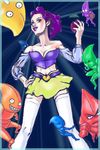  apple breasts cleavage crossover food fruit jojo_no_kimyou_na_bouken large_breasts parody purple_hair snow_white_(grimm) snow_white_and_the_seven_dwarfs solo source_request stand_(jojo) 