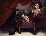  armchair battle_rifle blonde_hair blue_eyes boots chair copyright_request corset cross crossed_legs detached_sleeves earrings gloves gun h&amp;k_g3 hat jewelry long_hair psg-1 rifle sadakage sitting sniper_rifle solo sunglasses tattoo thighhighs weapon 