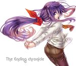  bow hands owari_no_chronicle ponytail purple_hair shinjou_sadagiri smile solo tenkuu_sphere 