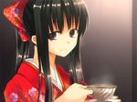  black_hair boku_ga_sadame_kimi_ni_wa_tsubasa_wo brown_eyes cup game_cg japanese_clothes kimono long_hair nasu_shizuku ponytail refeia smile solo tea teacup 