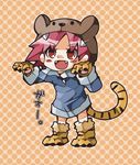  animal_hat animal_print artist_request blush chibi costume fangs gloves hat kumatora mother_(game) mother_3 paws pink_hair pun red_eyes short_hair smile solo source_request tail tiger_print translated 