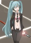  bespectacled blue_eyes blue_hair bra formal glasses hatsune_miku headphones katana lingerie long_hair necktie pant_suit solo suit sword tansuke twintails underwear vocaloid weapon 