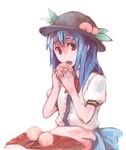  blue_hair bow bowtie eating food fruit hat hinanawi_tenshi holding holding_food holding_fruit long_hair peach red_eyes ribbon solo takishima_asaka touhou 