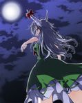  arm_up bow breasts cloud cowboy_shot dress ex-keine from_behind from_below full_moon green_dress horn_bow horn_ornament horns kamishirasawa_keine kiku_hitomoji long_hair looking_at_viewer looking_back medium_breasts moon moonlight night night_sky outdoors profile puffy_short_sleeves puffy_sleeves purple_hair red_bow red_eyes short_sleeves sky solo standing star_(sky) starry_sky touhou tsurime 