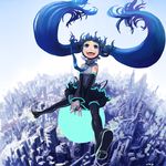  bad_id bad_pixiv_id blue_eyes blue_hair detached_sleeves hatsune_miku kansou_samehada long_hair necktie skyline solo thighhighs twintails vocaloid 