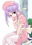  brown_eyes gakkou_no_kaidan_(anime) hechi koigakubo_momoko long_hair nurse pantyhose ponytail purple_hair ribbon sitting solo 