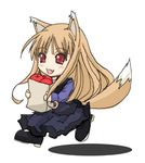  animal_ears apple chibi food fruit garyou holo long_hair lowres solo spice_and_wolf tail 