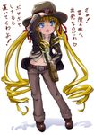  bag belt blonde_hair blue_eyes blush_stickers boots cosplay cowboy_hat drill_hair fedora full_body hair_ribbon hat highres indiana_jones indiana_jones_(cosplay) long_hair navel ribbon rozen_maiden satchel shinku solo st+1 standing translated twintails very_long_hair western 